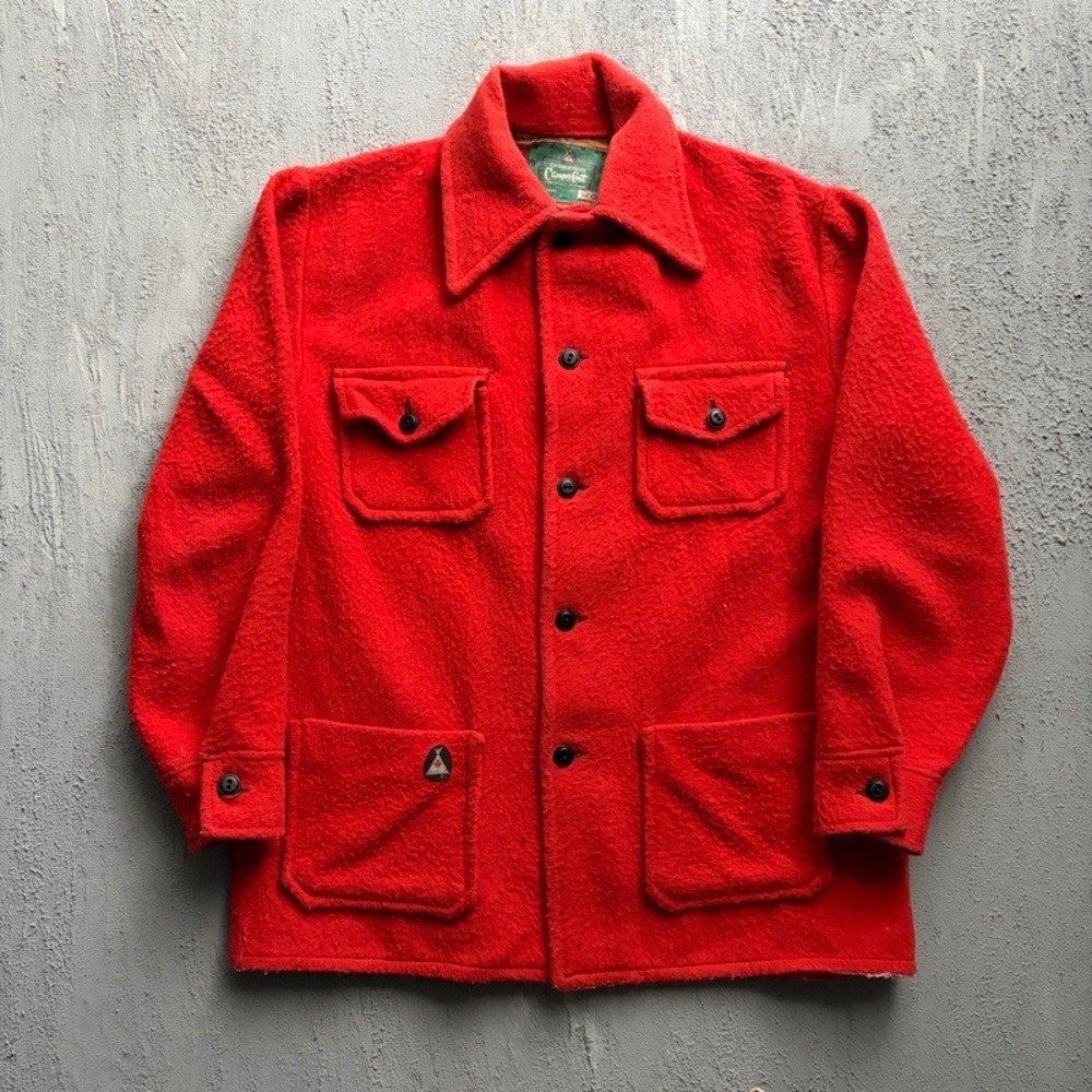 Vintage Canadian Camper Coat Jacket Large Red 1970s Wool Mackinaw